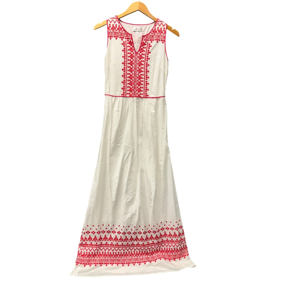 Vineyard Vines Maxi Dress Womens 00 Embroidered White Red Preppy Coastal